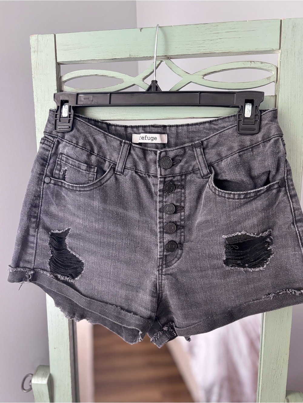 refuge Distressed Button-down Black Denim Shorts